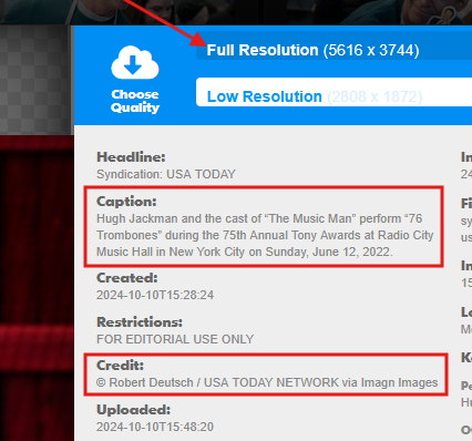 A screenshot from IMAGN showing where to click to download a Full Resolution image and where to find the details for attribution. 